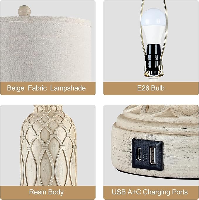 28" Table Lamps for Living Room Set of 2, Farmhouse Lamps for Bedroom with USB Ports, 3-Way Dimmable Nightstand Table Lamp (Bulbs Included)