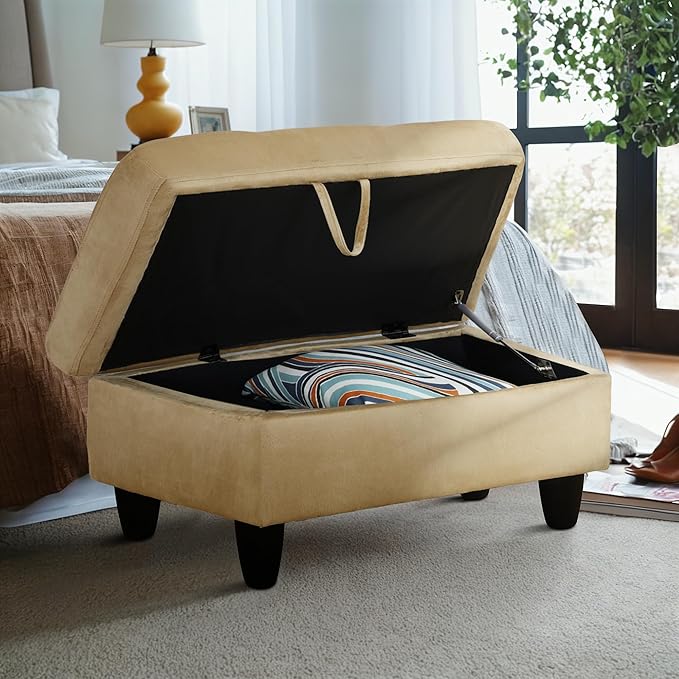 Ottoman Rectangular Storage Ottoman Bench, Flannel Footrest Stool Footstool with Lid for Living Room, Bedroom, Entryway, Light Brown, 28.5"x19"x17.5"