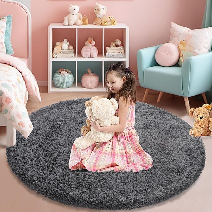 Fluffy Round Area Rugs for Living Room,6'X6'Shag Circle Area Rugs for Bedroom,Non Slip Fuzzy Plush Rug for Kids Room Boys Girls Room and Dorm,Deep Grey