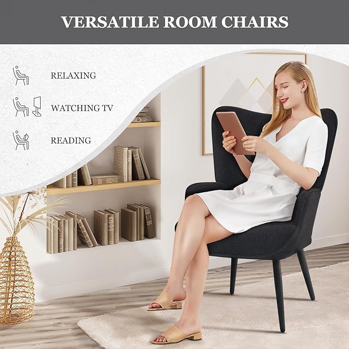 Furnimart Mid-Century Modern Accent Chairs Set of 2, Black Sherpa Wingback Reading Chairs with High Backrest, Armchair for Living Room, Bedroom, Waiting Room
