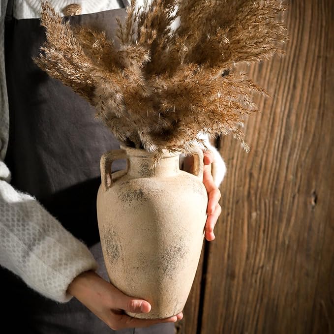 Ceramic Flower Vase, 8.85 inch Tall Terracotta Vase with 2 Handles, Rustic Farmhouse Vase for Home Decor, Living Room Shelf Decor, Enterway, Table