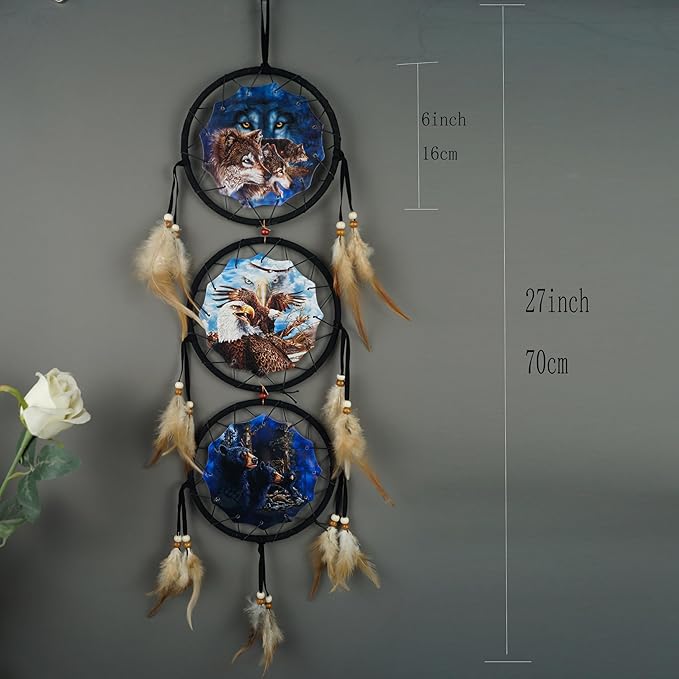 Remorelt Wolf Eagle Bear Dream Catcher Bedroom Wall Decor, Christmas Home Decoration, Room Accessory, White Moon Feather Decoration - Unique Home Craft Wall Pendant (DC02 6Inch Mix)