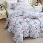 ABREEZE Floral Duvet Cover Queen Size Set Bird Flowers Bedding Set 100% Brushed Cotton Bedding Collection 1 Duvet Cover with 2 Pillowcases Grey