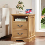 Farmhouse Nightstands with Charging Station，18" End Table with 2 Drawers，Farmhouse Nightstand with Vintage Handles, Bedside Cabinet for Bedroom for Bedroom, Living Room,Natural