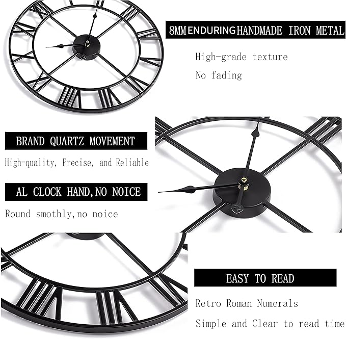 1st owned Large Wall Clock Silent Non-Ticking Roman Numerals Vintage Battery Operated (24 inch,18inch,16inch) Farmhouse Wall Clock for Living Room, Bedroom, Kitchen, Cafe Decor-Black 40CM