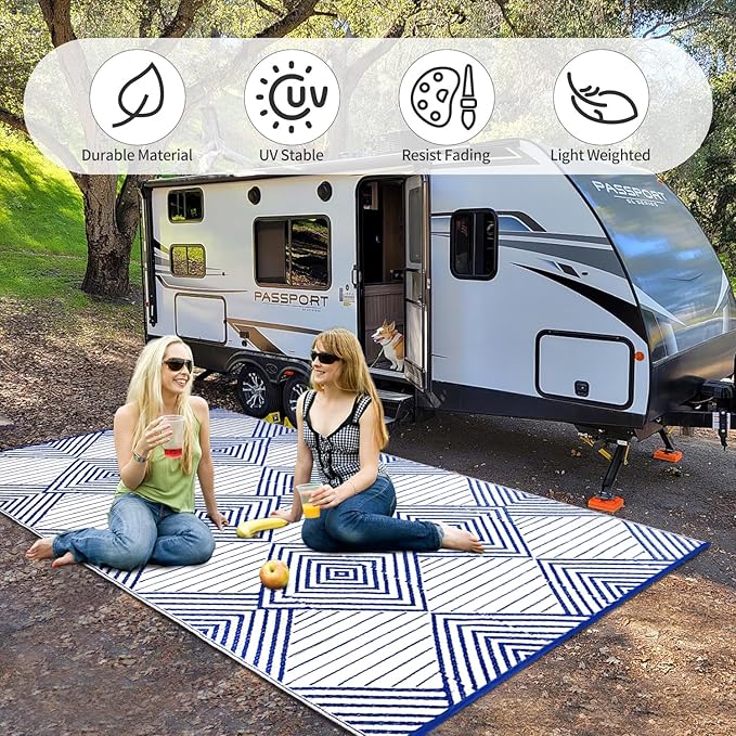 Waterproof Outdoor Rug 6x9ft, Foldable Reversible Plastic Straw Mat for Patio RV Deck Porch Backyard Balcony Camping Picnic Beach Indoor Outdoor Carpet, Blue&White
