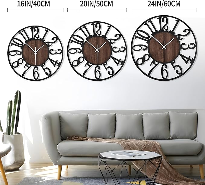 LEIKE Large Wall Clocks,Silent,Non Ticking,Battery Operated Big Retro Round Modern Wood Wall Clock for Living Room, Bedroom,Dinning Room,Farmhouse,Office,Home Decor-20 Inch(Black-Arabic Number)