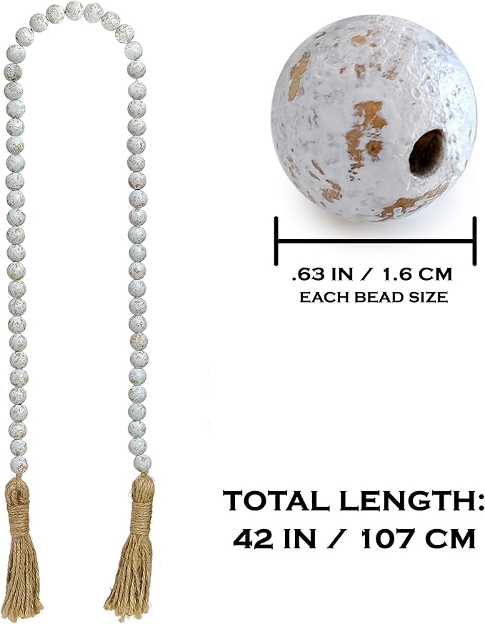 Farmhouse Wood Bead Garland Home Decor, Natural Wooden Garland for Tiered Tray, Decorative Tassel for Tier Tray, Rustic Beads Centerpiece Boho Table Decor, Beaded Accent White Washed