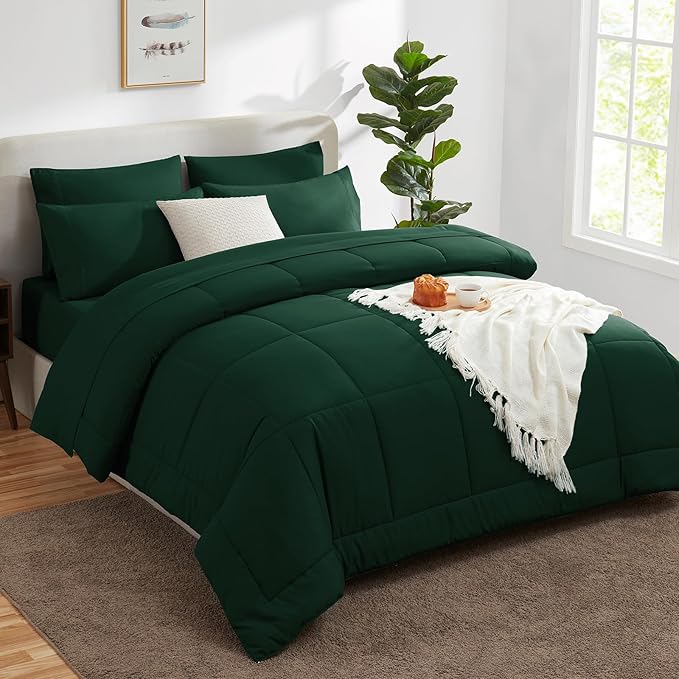 CozyLux Queen Comforter Set Emerald Green, 7 Pieces Bed in a Bag, Green Comforter Queen Size, All Season Bedding Sets with Stitch Quilted Comforter, Flat Sheet, Fitted Sheet, Pillowcases