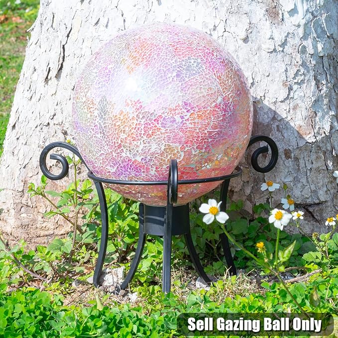 VCUTEKA Gazing Ball, Iridescent Crackled Glass Mosaic Gazing Balls Sphere for Garden Lawn Outdoor Ornament Yard Decorative, 10-Inch, Pink