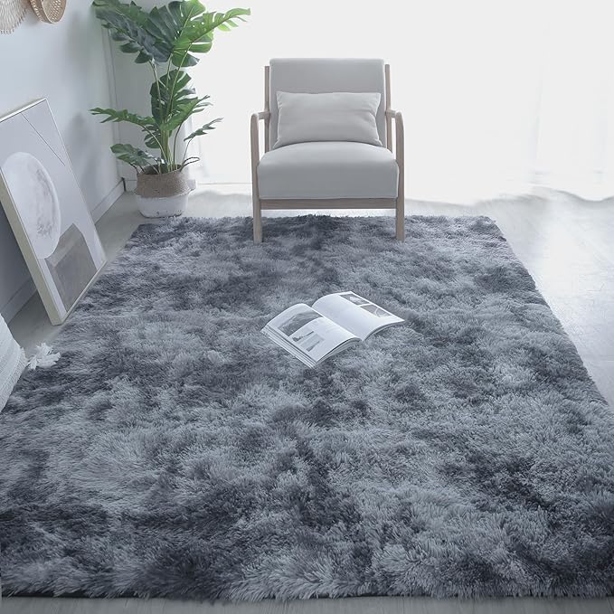 Area Rug 9x12 for Living Room - Large Shag Soft Grey Rug for Bedroom - Modern Non-Slip Plush Fuzzy Floor Carpet Tie-Dyed Dark Gray