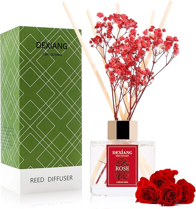 Reed Diffuser Set - 3.38 fl oz （100ml） Rose Home Fragrance Reed Diffuser for Bathroom Shelf Decor 6 Reed Stick