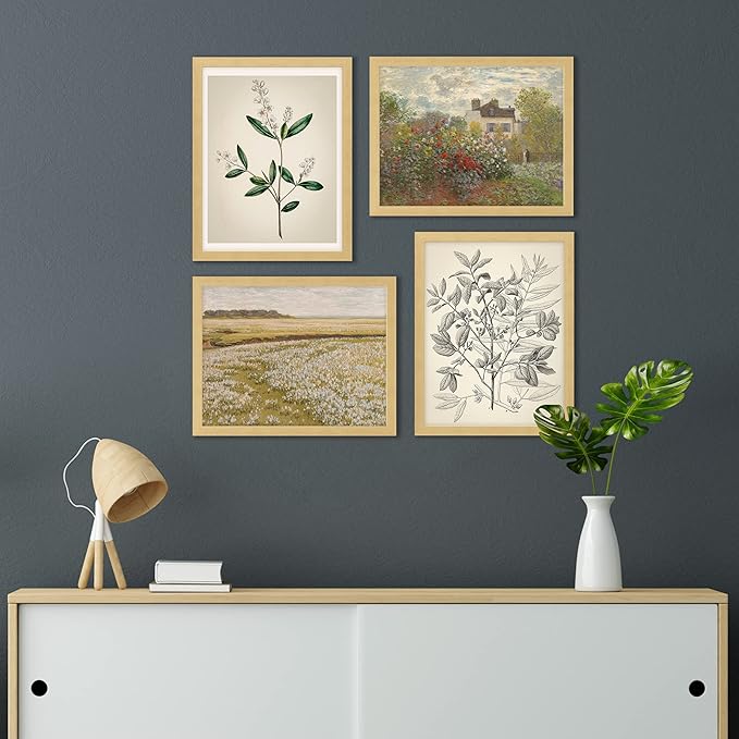 SIGNWIN Framed Poster Bathroom Decor 8"x10"x 4 Natural, Wall Art Room Decor Multicolor for Living Room, Bedroom, Office Autumn Spring Rustic Flower Landscape Classic Vintage Retro Illustrations