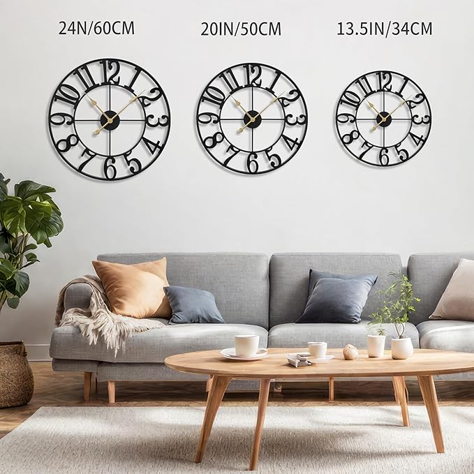 LEIKE Large Wall Clocks for Living Room,Silent,Non Ticking,Battery Operated Oversized Vintage Round Modern Metal Wall Clock for Bedroom,Farmhouse,Office Home Decor-24 Inch(Black-Arabic Number)