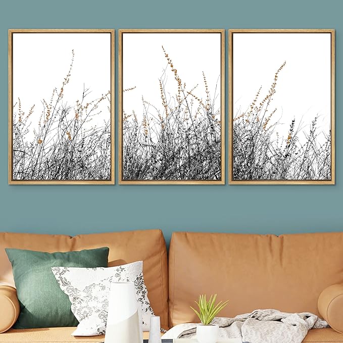 SIGNWIN 3 Piece Framed Canvas Wall Art Wild Grass Field Nature Wilderness Photography Abstract Contemporary Landscape Canvas Prints Home Artwork Decoration for Living Room,Bedroom - 16"x24"x3 Natural