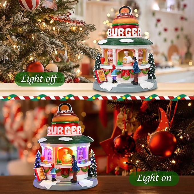 Vigdur Christmas Village Houses - Animated Hamburger Shop with LED Lighted and 8 Xmas Songs, Christmas Animation Village Indoor Holiday Tabletop Decorations for Home Tabletop Gift
