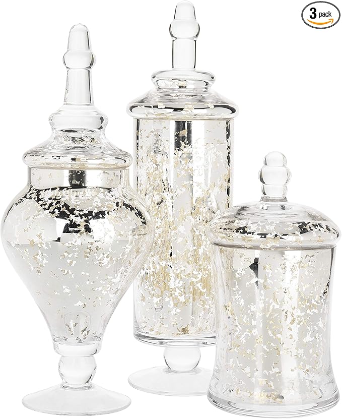 MyGift Set of 3 Silver Mercury Glass Apothecary Jars, Weddings Centerpiece Candy Buffet
