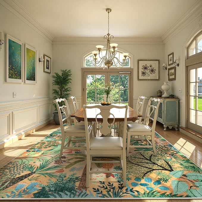 LIVEBOX Large 9x12 Forest Area Rug for Living Room, Soft Washable Sun Yellow Rugs for Bedroom, Non Slip Ultra Thin Floor Carpet Jungle Animal Print Rugs for Dining Room