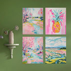 SIGNWIN Adhesive Canvas Poster Vibrant Landscape and Pineapple Colorful Preppy Room Decor Pink Decor Digital Art Modern Art Decorative Multicolor Scenic for Bedroom - 11"x14"x4