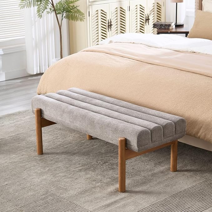 Upholstered Bench Grey Modern End of Bed Bench Chenille Fabric Bedroom Bench for Entryway Living Room Vanity Makeup Room, 47" Long, Wooden Legs