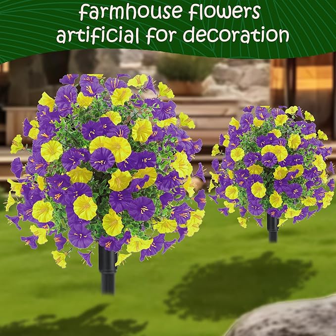 22.8" Set of 2 Fall artificial Boxwood topiary Ball tree for outdoors with Spike,UV Resistant Faux Shrubs Outdoor with morning glory flowers,Faux Plants Bushes for Garden Porch Yard Patio Decor YP