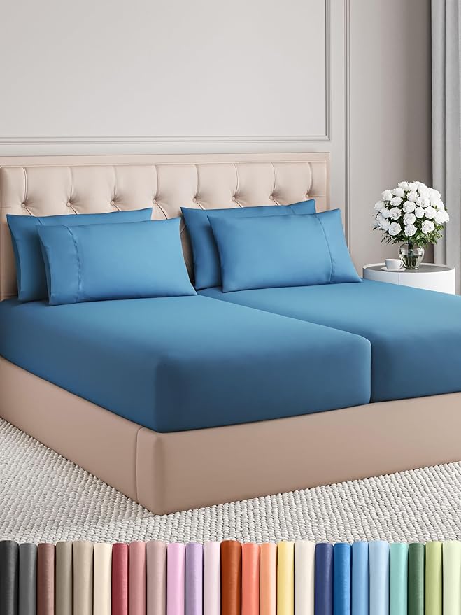 Split King Bed Sheet Set - 7 Piece Split King Bed Sheet Set - Soft Hotel Luxury Bedding - Cooling, Comfy & Breathable - 1 Flat & 1 Fitted & 4 Pillowcases w/ Deep Pockets - Wrinkle Free - Denim Blue