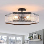 6-Light Large Modern Black Flush Mount Ceiling Light Fixture 20 inch Water Ripple and Metal Hexagon Cage Semi Flush Mount Ceiling Light for Hallway Entry Bedroom Living Room Farmhouse, Black