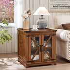 Farmhouse End Table with Charging Station Set 2, 24" Large Sofa Side Table with Glass Barn Door, Nightstand with Adjustable Storage Shelf,Wood Square Bedside Table for Living Room,Bedroom