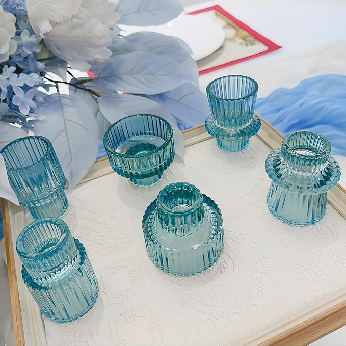 Double Sided Vintage Ribbed Taper Glass Candle Holders,Tea Candle Holder for Table Centerpieces, Wedding Decorations and Dinner Parties (Bule, 6 PCS)