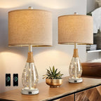 OYEARS 23" Table Lamps for Living Room Set of 2 Bedside Lamps for Night Stands Bedroom Lamps Farmhouse Rattan Boho Lamp Glass Nightlight End Table Lamp with USB C+A (White),Two Light Points