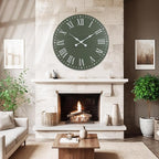 Large Wall Clock with Roman Numeral, 35” Shiplap Wall Clock Farmhouse Nearly Non-Ticking, Round Clock for Living Room Decor, Office, Bedroom, Entrance, Green