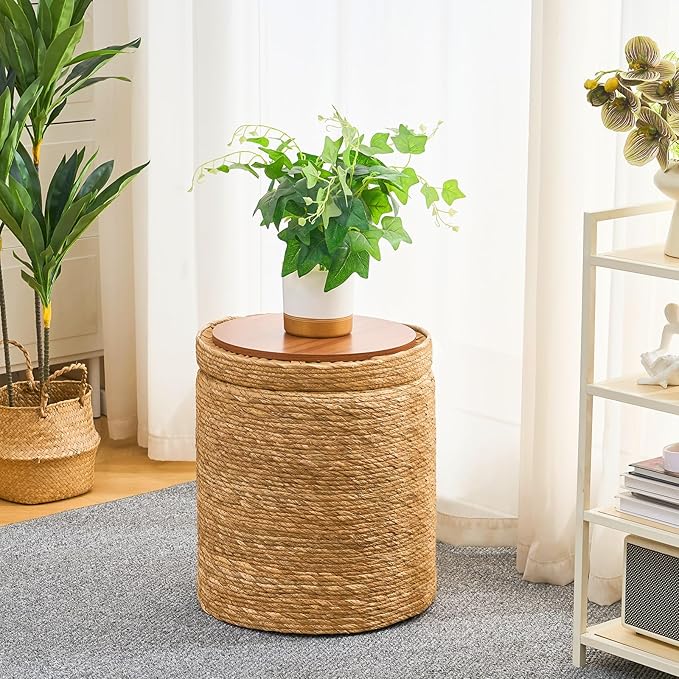 Wimarsbon Storage Pouf Ottoman, Hand Weaving Natural Straw Foot Stool, Bohemian Round Patio Ottomans, Rustic Lounge Pouffe, Outdoor Extra Seat for Garden (Nested Set-Natural)