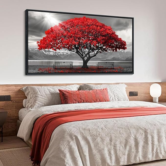 AJAZIKO Red Wall Art - Modern Framed Wall Art for Living Room - Red Tree Black and White Landscape Canvas Prints Posters & Prints for Home Office Bedroom Decorations - Large Wall Pictures 29×58IN
