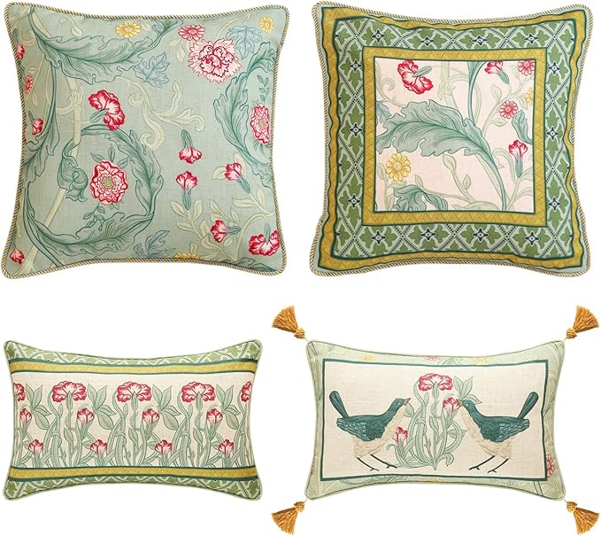 patdrea Designer Pack of 4 Throw Pillow Covers,French Vintage Rustic Linen with Green Floral Pattern Pillows Cover,Decorative Lumbar Square Pillowcases Cushion for Bed Living Room Outdoor Car