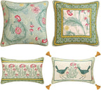 patdrea Designer Pack of 4 Throw Pillow Covers,French Vintage Rustic Linen with Green Floral Pattern Pillows Cover,Decorative Lumbar Square Pillowcases Cushion for Bed Living Room Outdoor Car
