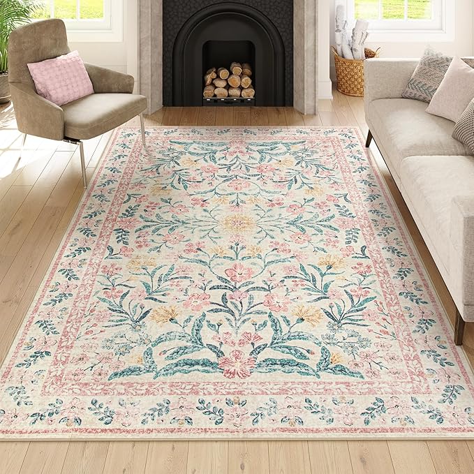 Wonnitar Washable Area Rug 6x9, Pink Floral Rugs for Bedroom Girls Soft Living Room Carpet Ultra-Thin, Boho Non Slip Non-Shedding Pastel Nursery Carpet for Kids Room Playroom Dorm