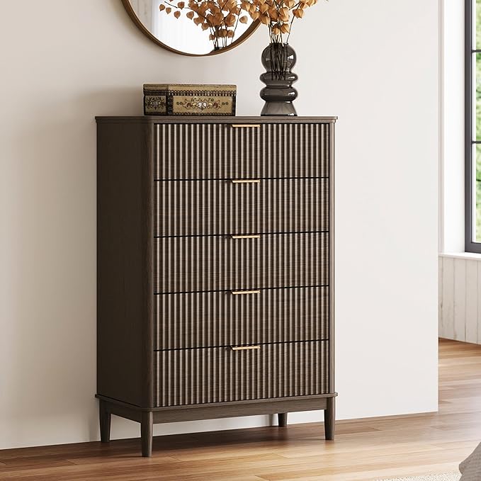 LINSY HOME Fluted Dresser for Bedroom with 5 Drawers, 46" Tall Mid Century Modern Dressers, Wide Boho Chest of Drawer, Large Wood Accent Storage Cabinet for Living Room, Curved Profile Design, Walnut