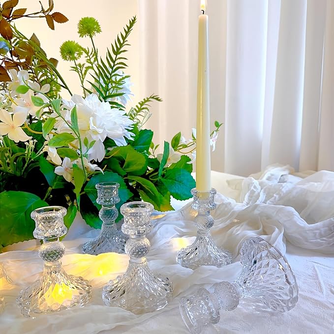 Glass Candlestick Holder,Striped Taper Candle Holders,Set of 6 Candle Stand for Table Centerpieces, Home Decor,Weddings,Festival and Parties (Clear Dimond Pattern)