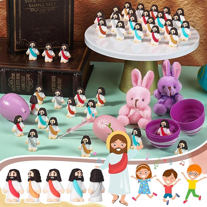 Bememo 100 Pcs Jesus Toys Original Design Mini Rubber Little Jesus Figurine to Hide and Seek Religious Party Favors Sunday School Craft Baptism Gifts for Easter Egg Stuffers (Bohemian Color)
