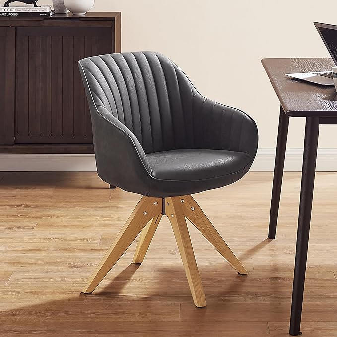 Art Leon Office Chair No Wheels, Mid Century Modern Desk Chair, Swivel Accent Chair with Oak Wood Legs, Faux Leather Upholstered Armchair for Desk, Black