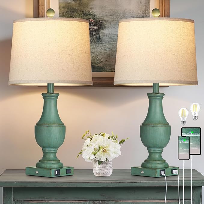 Farmhouse Table Lamp Set of 2, Rustic Touch Control 3-Way Dimmable Lamps with USB A+C Charging Ports & AC Outlet, Vintage Retro Antique Bedside Lamp for Living Room Bedrooms Nightstand Green