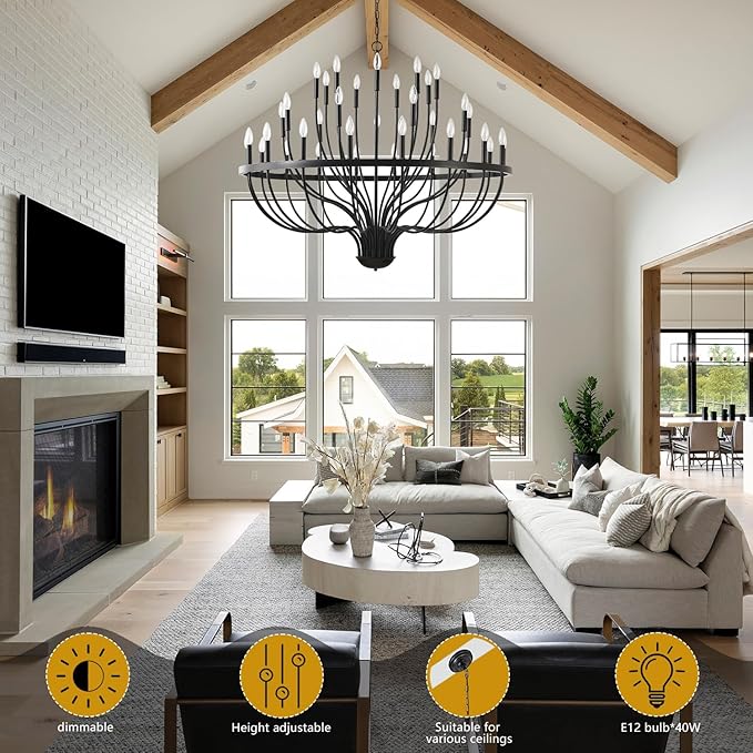 Black Chandelier 36-Light Industrial Iron Candle Chandelier Modern Suspended Farmhouse Chandeliers Pendant Light Fixtures for Dining Room Bedroom Living Room Kitchen Island Foyer E12 Bulb