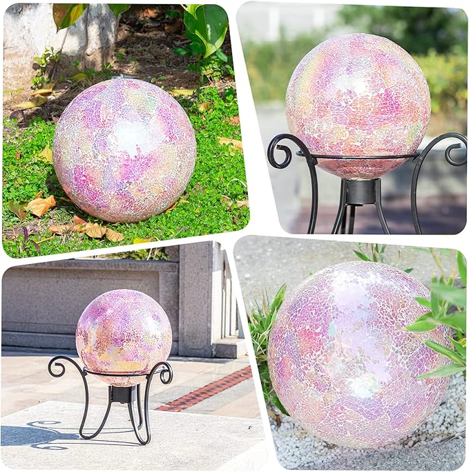 VCUTEKA Gazing Ball, Iridescent Crackled Glass Mosaic Gazing Balls Sphere for Garden Lawn Outdoor Ornament Yard Decorative, 10-Inch, Pink