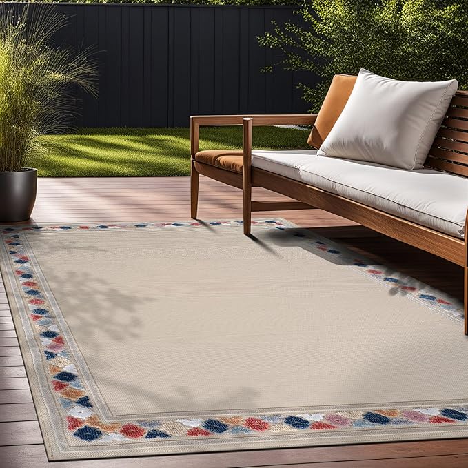 Beverly Rug Outdoor Rug 10x14 Modern Bordered Large Area Rugs for Indoor and Outdoor Patio Easy to Clean Non Shedding Living Room Porch Garden Washable Outside Carpet (10 x 14 Beige)