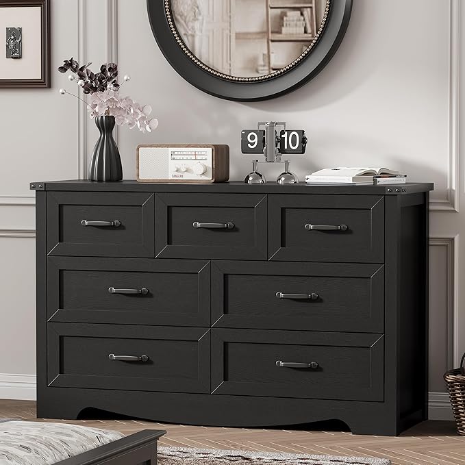 Dresser for Bedroom with 7 Drawers, 48" Wide Modern Chest of Drawers with Deep Drawers & Mental Handle, Wood Dresser TV Stand, Wooden Closet Storage Organizer for Living Room, Hallway, Entryway, Black