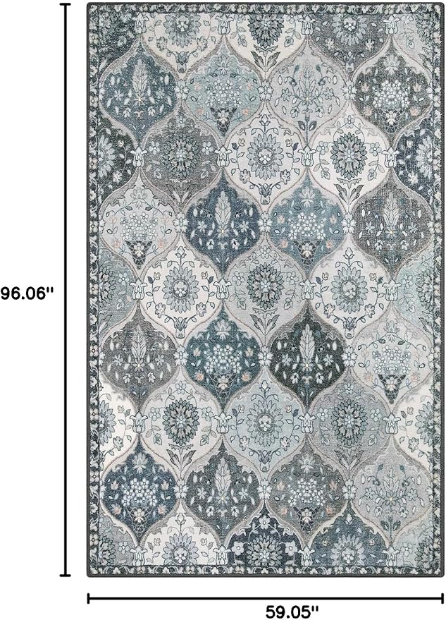 Lahome Moroccan Washable Living Room Rug, 5x8 Rugs for Bedroom Dining Room, Soft Non-Slip Non Shedding Boho Distressed Throw Carpet for Nursery Office, Blue