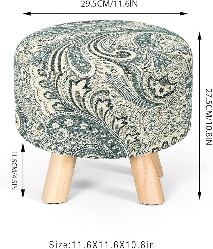 Asense Small Round Ottoman Foot Rest Stool Linen Padded Seat Footstool Ottoman with Anti-Slip Wooden Legs (Blue+Beige,Linen)