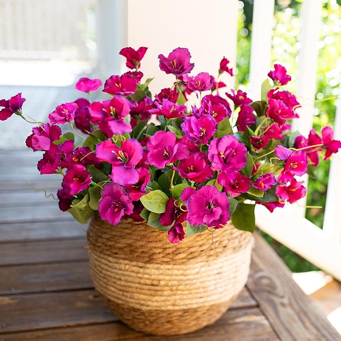 Hibiscus Artificial Flowers Plants for Outdoors Decor, 6 Bundles Silk Hibiscus Bouquet Tropical Flowers Artificial Realistic UV Resistant Fake Flowers for Outside Planter Porch Patio Balcony, Fuchsia