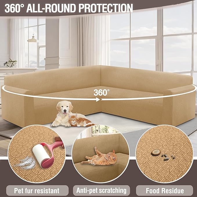 HDCAXKJ Sectional Couch Cover L Shape Stretch Sofa Covers Washable Jacquard Corner Couch Slipcover Non Slip Sectional Slip Cover U Shaped Furniture Protector for Pets Dogs (Apricot, Medium)