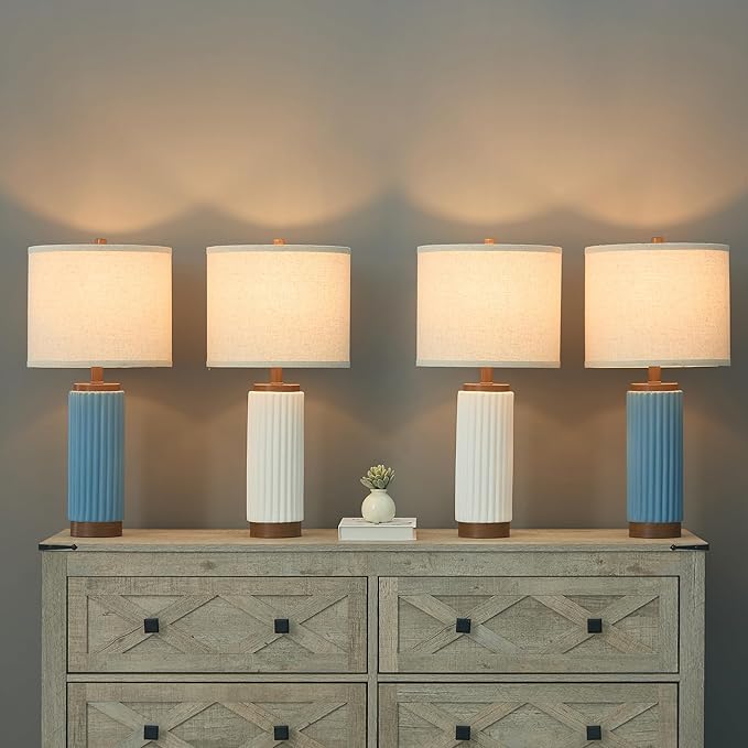 White Ceramic Table Lamp 3 Way Dimmable Nightstand Pottery Lamp Set of 2 with Oatmeal Shade 25" Modern Bedside Desk Lamp with USB A+C for Living Room Bedroom Farmhouse Dining Room Enterway